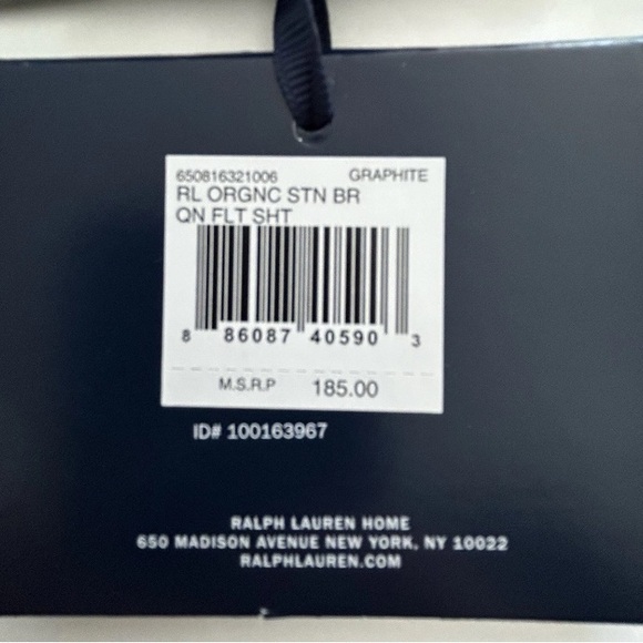 Ralph Lauren Organic Sateen Border Queen Flat Sheet Graphite - NWT $185